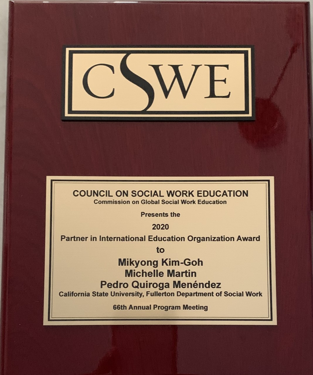 CSWE PIE Award Plaque